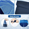 Blue and navy instant cooling neck gaiter shown in various forms, including a fabric view and usage examples.