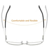 A pair of thin, silver-framed anti-blue light reading glasses shown against a white background.