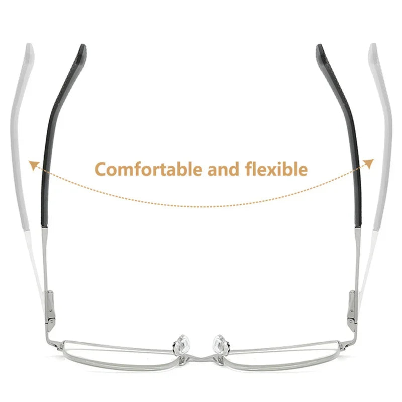 A pair of thin, silver-framed anti-blue light reading glasses shown against a white background.