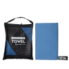 Black microfiber towel bag with a blue towel visible next to it.