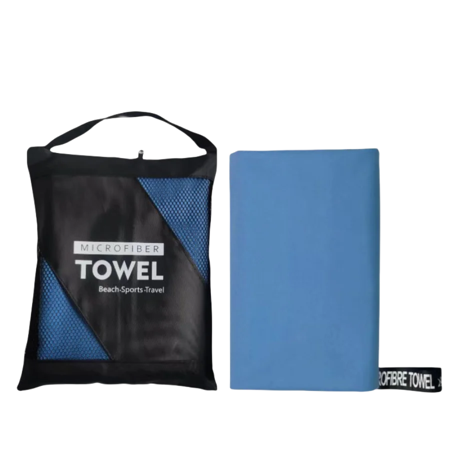 Black microfiber towel bag with a blue towel visible next to it.