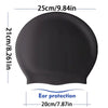 Black silicone swimming cap with ear protection features, measuring 25cm wide and 21cm tall.