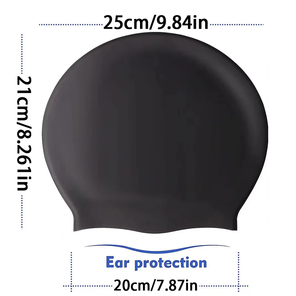 Black silicone swimming cap with ear protection features, measuring 25cm wide and 21cm tall.