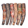 A set of long seamless tattoo sleeves featuring various designs and colors for sun protection.