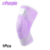 A purple knee compression sleeve with a white strap is shown against a white background.
