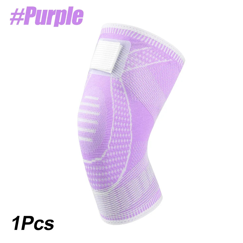 A purple knee compression sleeve with a white strap is shown against a white background.