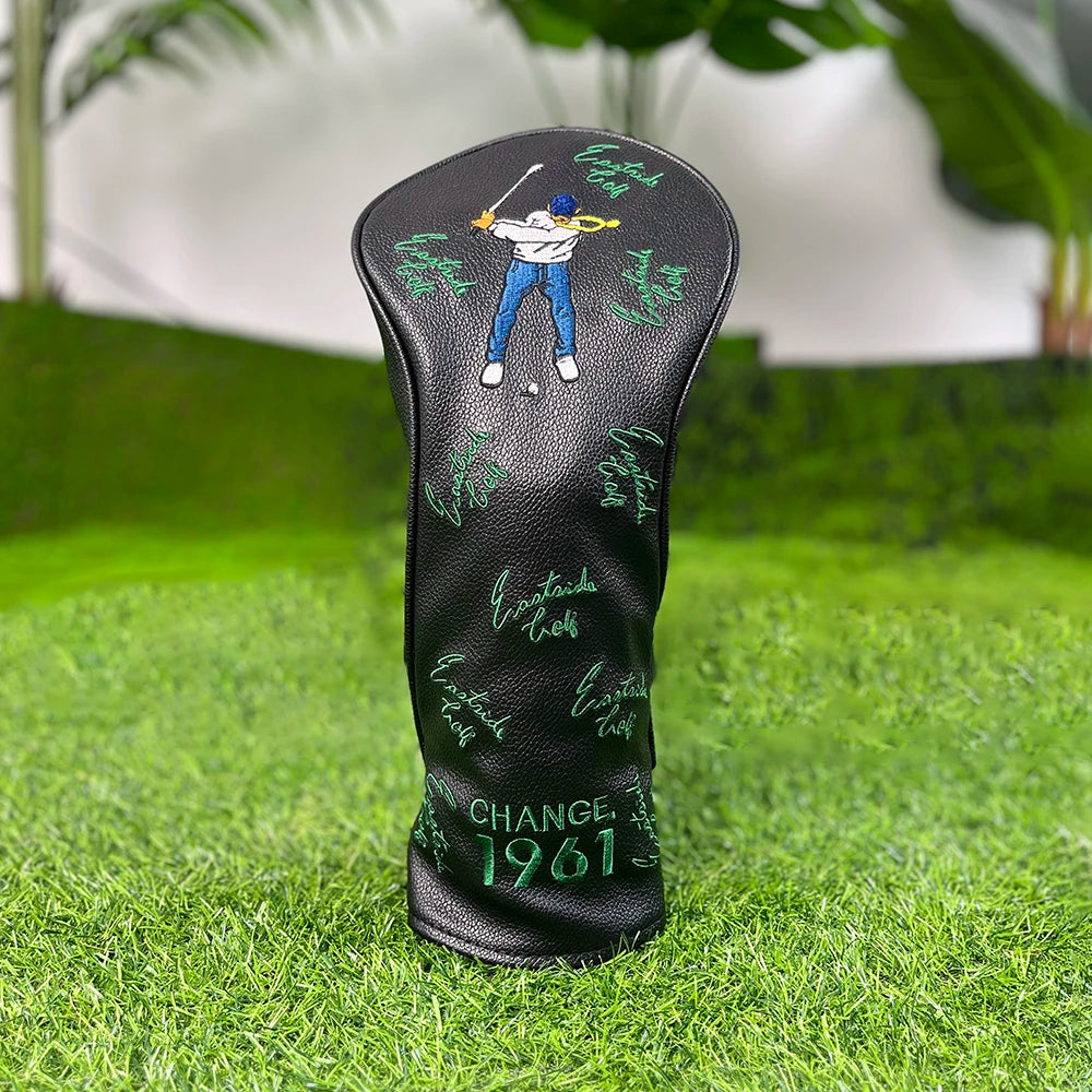 Black golf club head cover featuring a silhouette of a golfer and the text CHANGE 1961 on a green background