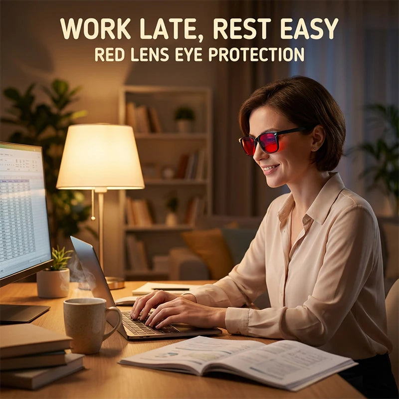 A woman wearing red lens eye protection glasses works at a desk with a laptop and lamp.