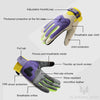 A set of purple and yellow breathable motorcycle riding gloves with various protective features shown in detail.