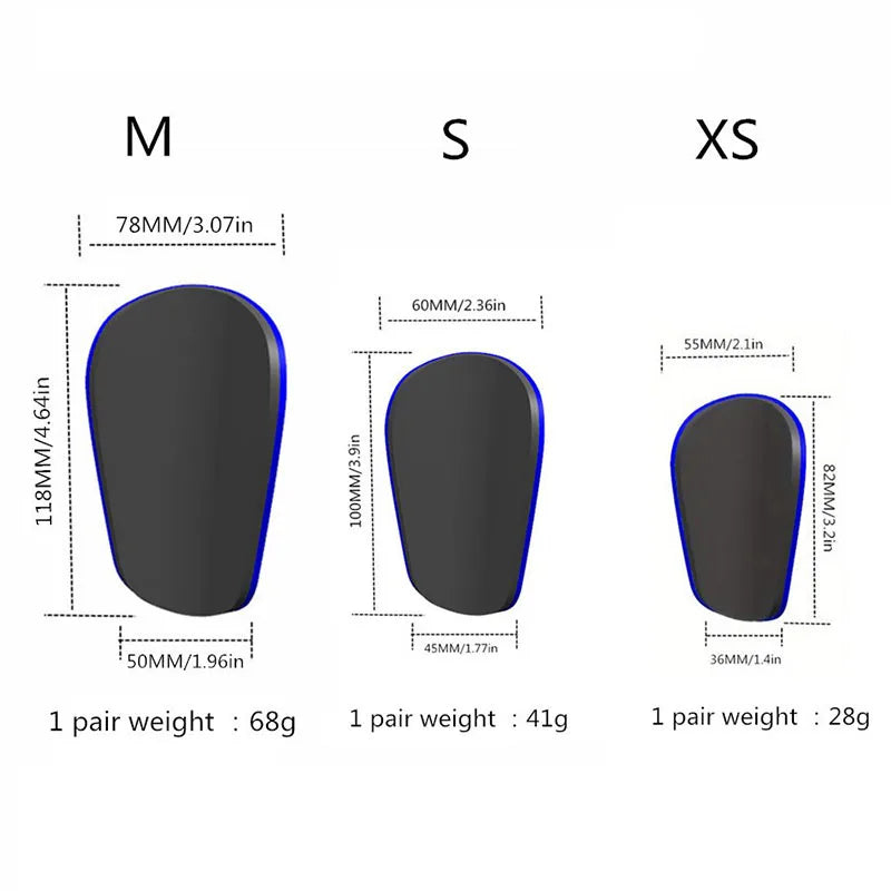 Three sizes of black carbon fiber-look soccer shin guards labeled M, S, and XS with corresponding weights.