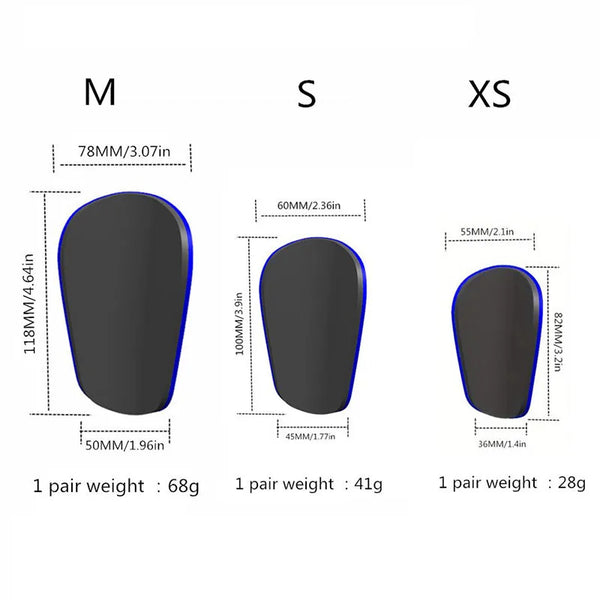 Three sizes of black carbon fiber-look soccer shin guards labeled M, S, and XS with corresponding weights.