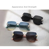 A collection of light luxury frameless sunglasses in various shades and colors displayed on a white background.