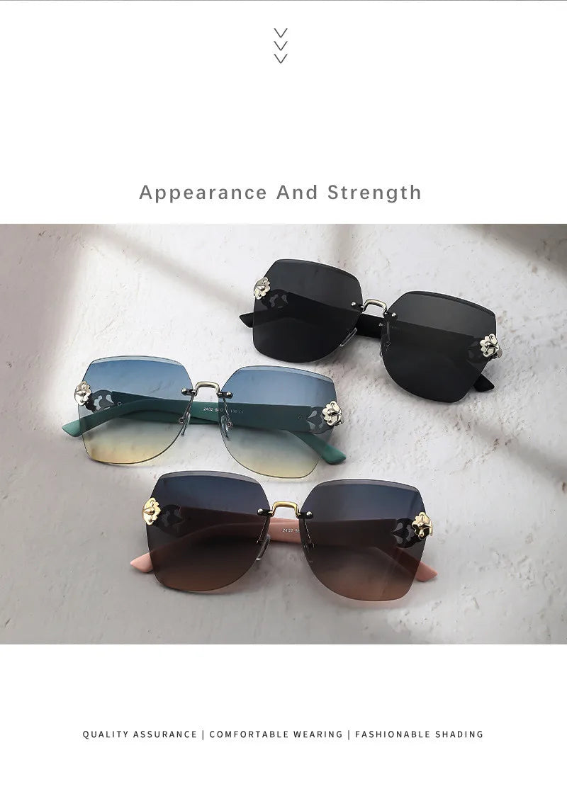 A collection of light luxury frameless sunglasses in various shades and colors displayed on a white background.