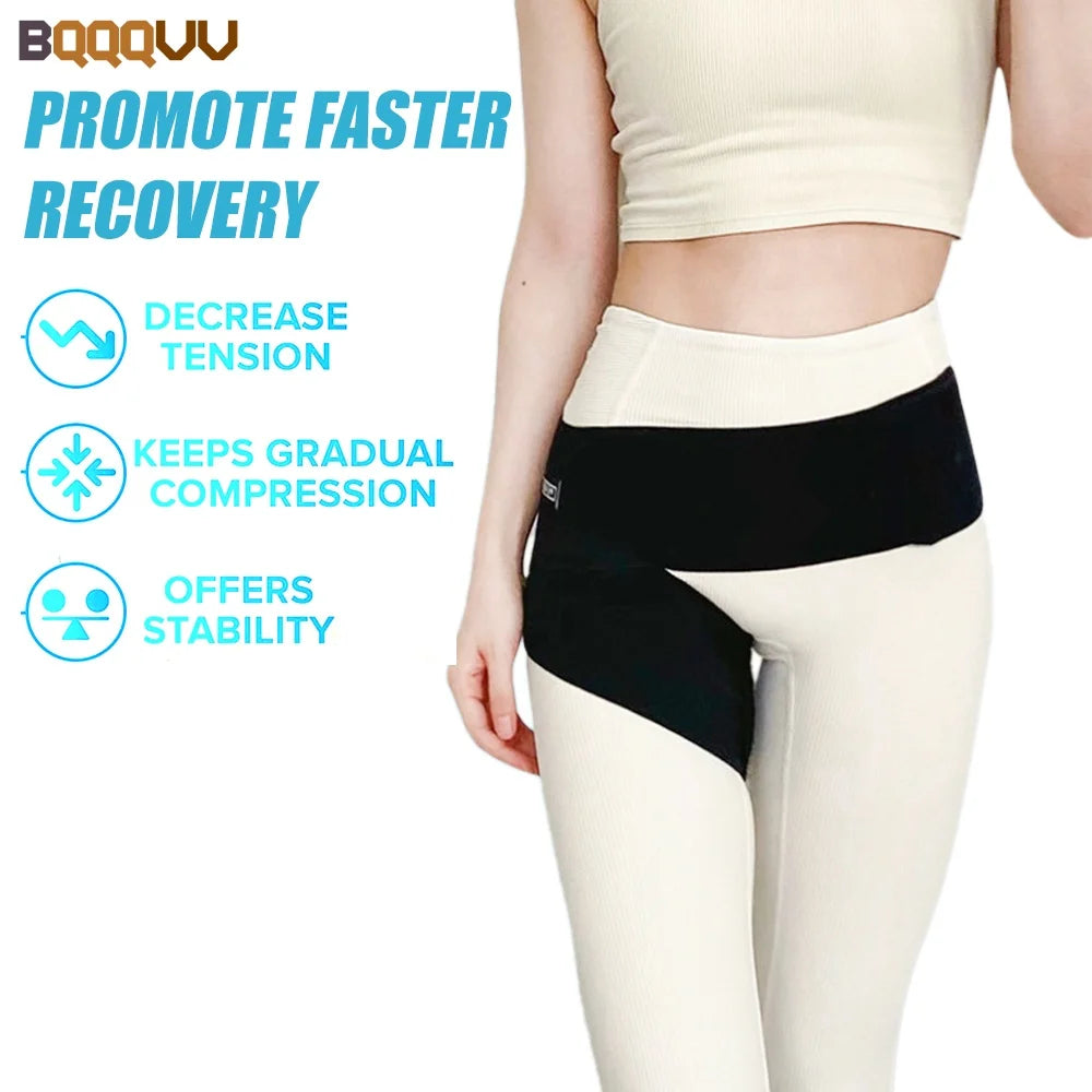 A woman wearing a black compression brace on her thigh and groin area.