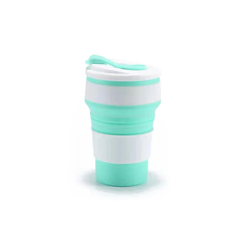A reusable silicone collapsible coffee cup with a lid in white and mint green stripes.