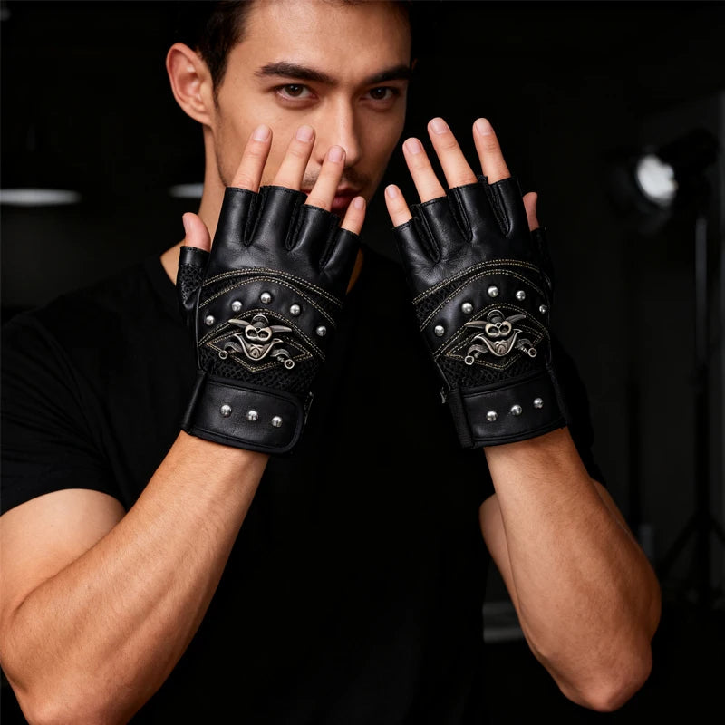 A man wearing black leather motorcycle riding gloves with skull detailing, showing the grip.