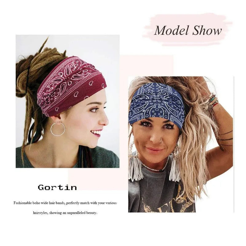 Model shows purple patterned gorton headband with braided and long wavy hair.