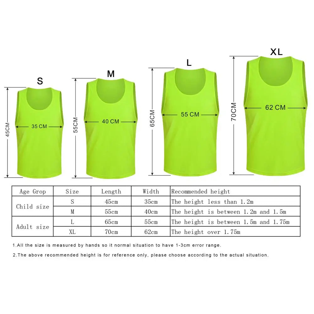 A set of bright lime green breathable mesh soccer training vests in various sizes S to XL.
