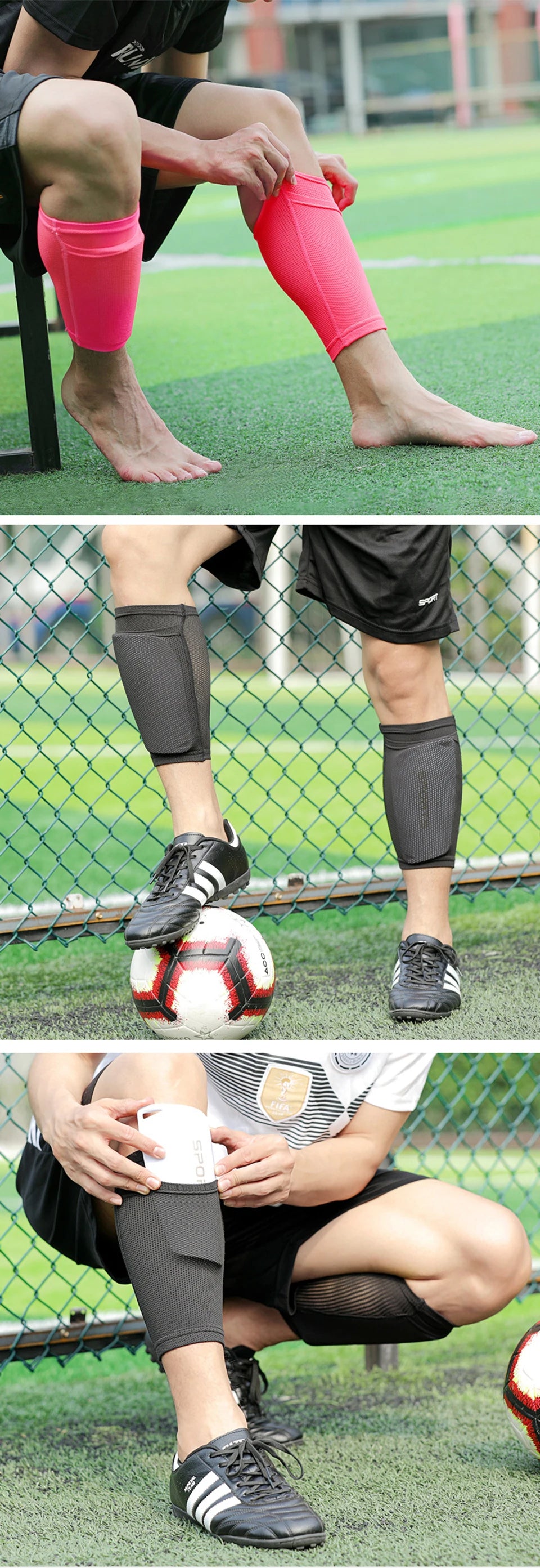 A person wearing black shorts and a white shirt is kneeling on a soccer field, demonstrating durable shin guards.