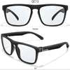 A pair of black photochromic square sunglasses shown from the front and side views.