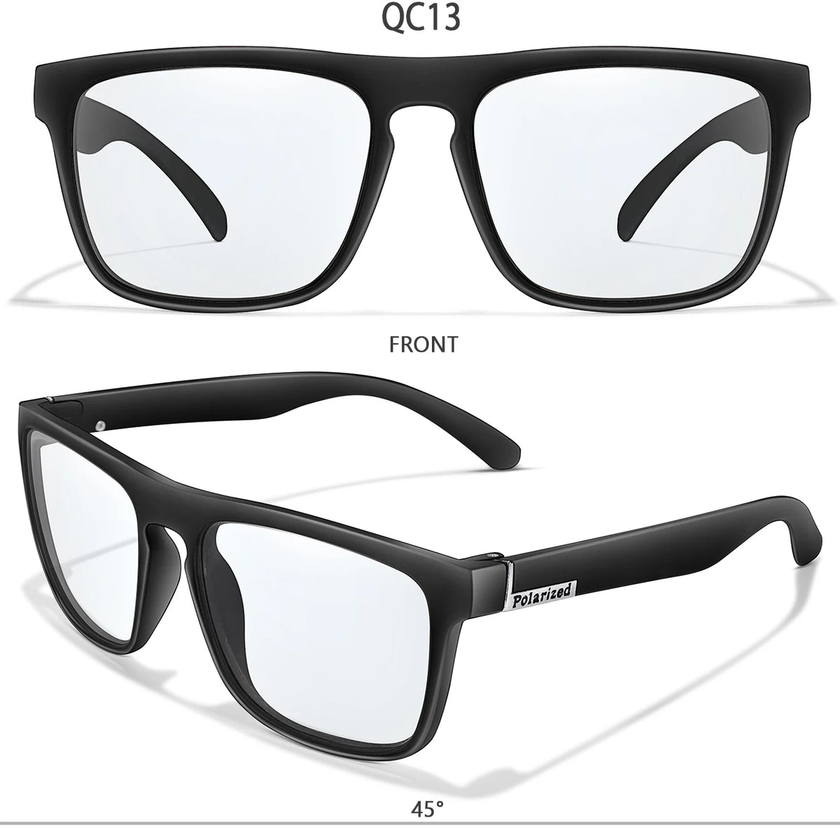 A pair of black photochromic square sunglasses shown from the front and side views.