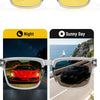 Transparent gray photochromic sunglasses shown in various light conditions including night and sunny day
