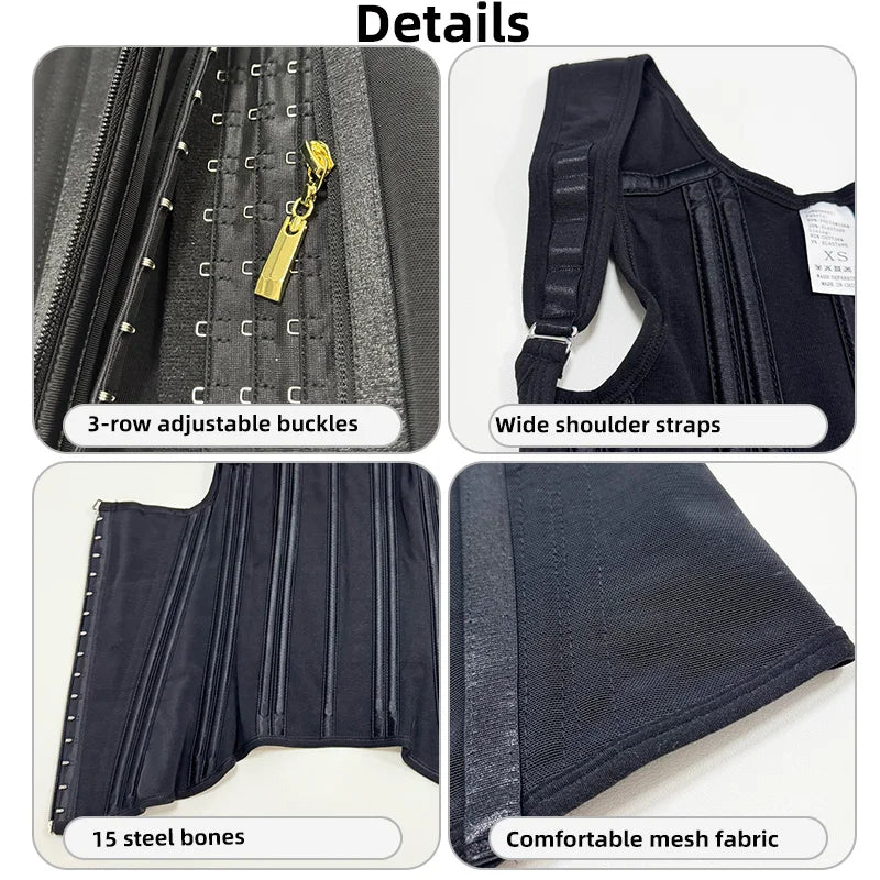 Details of an adjustable body shaper corset vest top showing buckles, shoulder straps, bones, and mesh fabric.