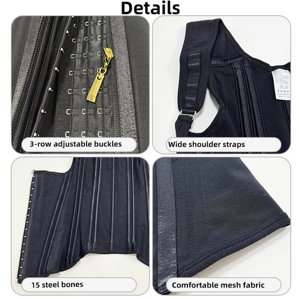 Details of an adjustable body shaper corset vest top showing buckles, shoulder straps, bones, and mesh fabric.