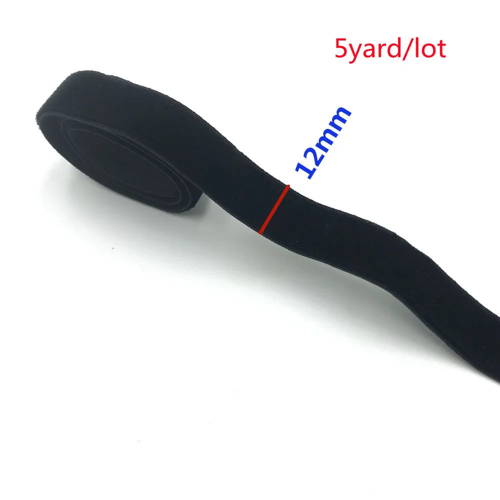 Black stretch velvet elastic headband shown with a 12mm measurement and labeled as a 5 yard lot.