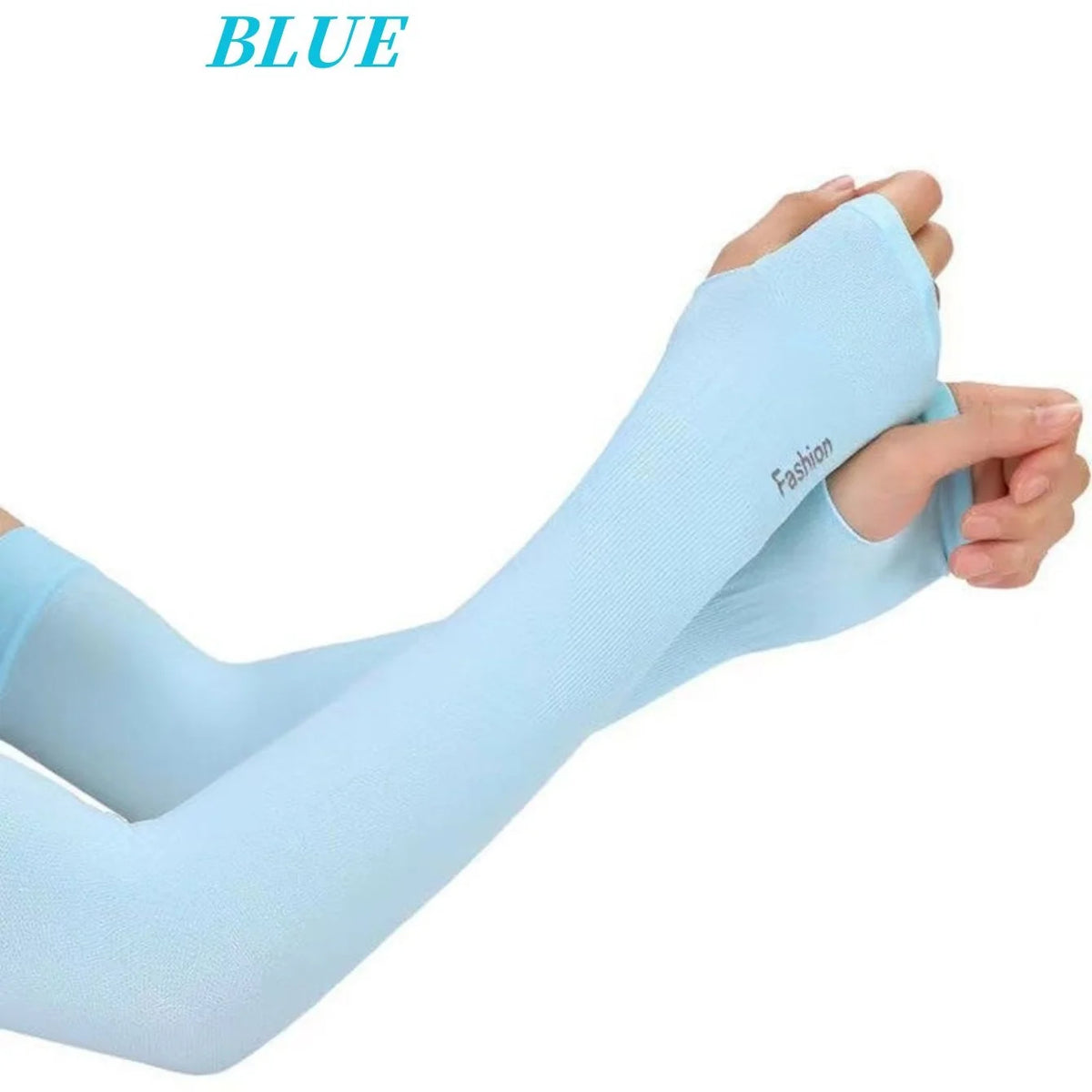 Light blue compression arm sleeves being worn on an arm.