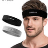 A man is wearing a black WRELS athletic sweatband on his forehead, with separate examples of the band shown.