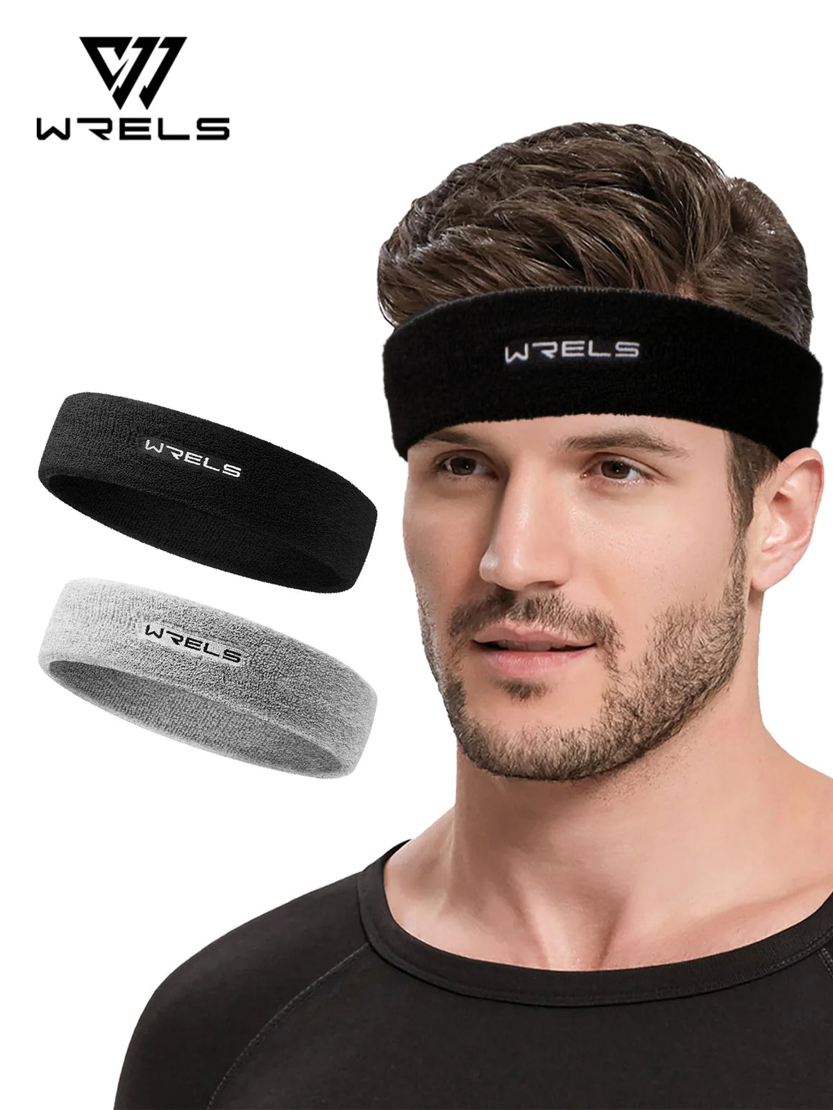 A man is wearing a black WRELS athletic sweatband on his forehead, with separate examples of the band shown.