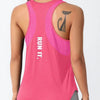 A pink running vest with a black cat tattoo design on the upper back.