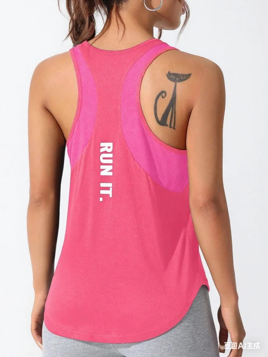 A pink running vest with a black cat tattoo design on the upper back.