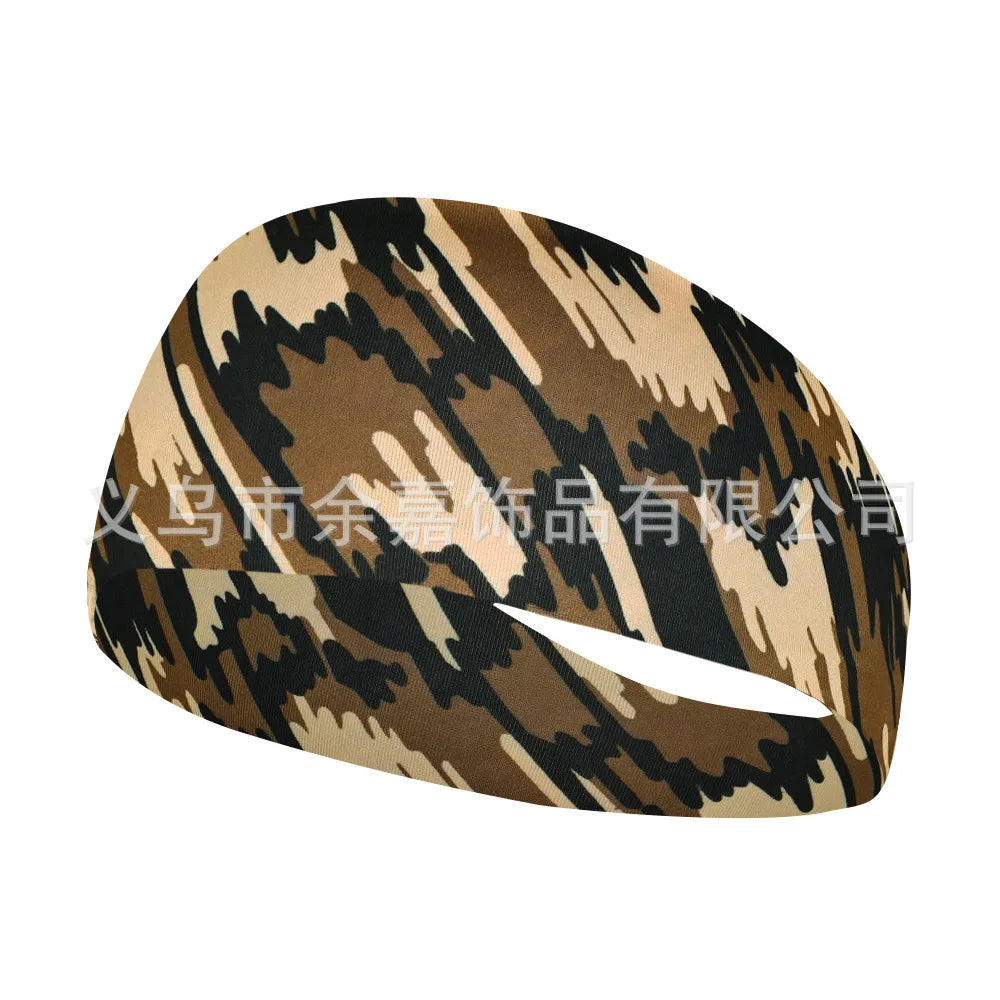 A brown and black camouflage elastic sports headband shown from the side.