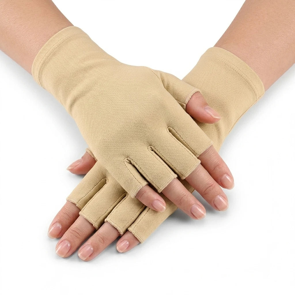A pair of beige fingerless compression gloves being worn on a hand.