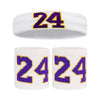 Un set de bracelets de sport blancs avec le numéro 24 imprimé en texte violet et or.