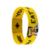 Yellow stretch silicone wristband bracelet with black text and a face design