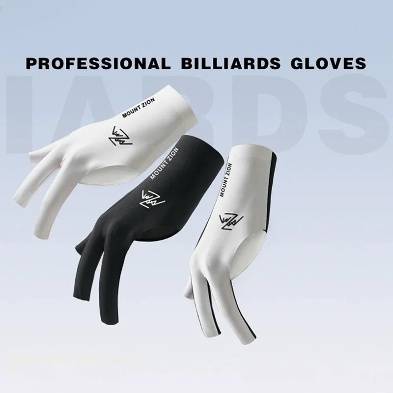 A set of professional billiard gloves in white and black, shown from the palm view.