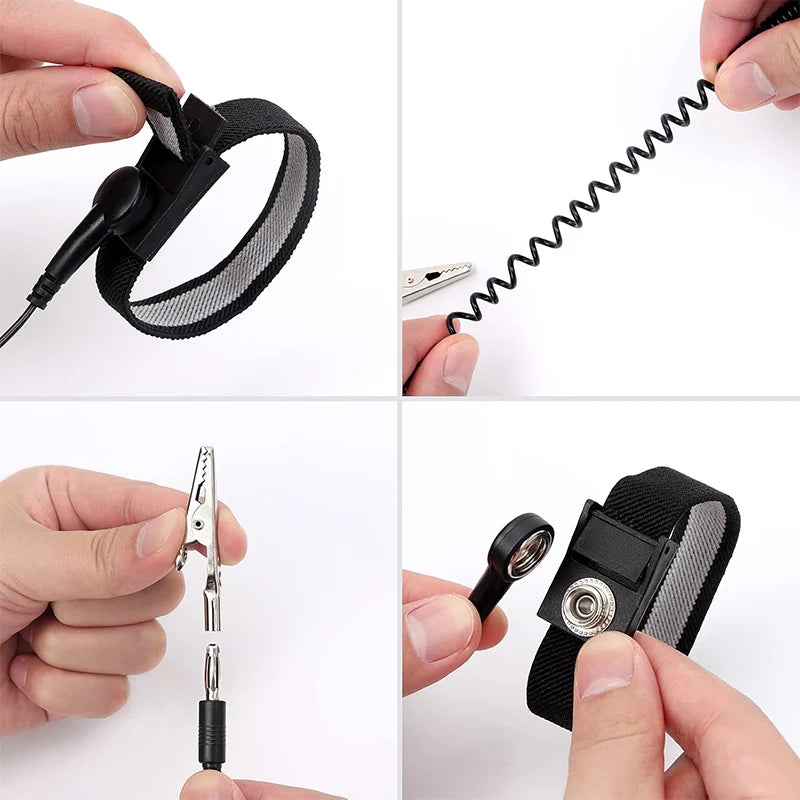 A set of adjustable black ESD wrist straps and a metal clip for electronics safety