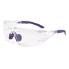 Clear safety goggles with purple trim designed for outdoor and work use.