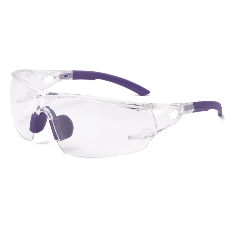 Clear safety goggles with purple trim designed for outdoor and work use.