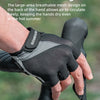 A hand wearing black Lycra mesh cycling gloves on a bicycle handlebar.