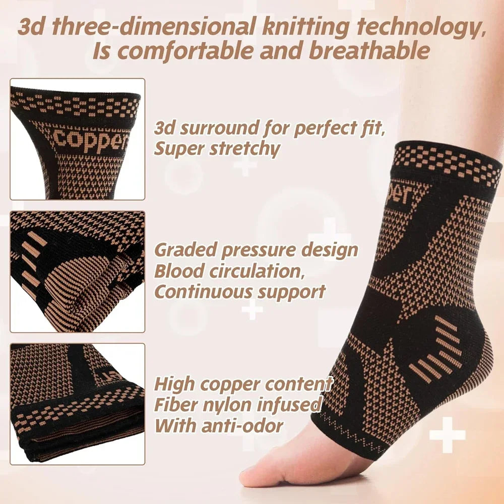 Black copper infused knitted ankle compression brace worn on a foot.