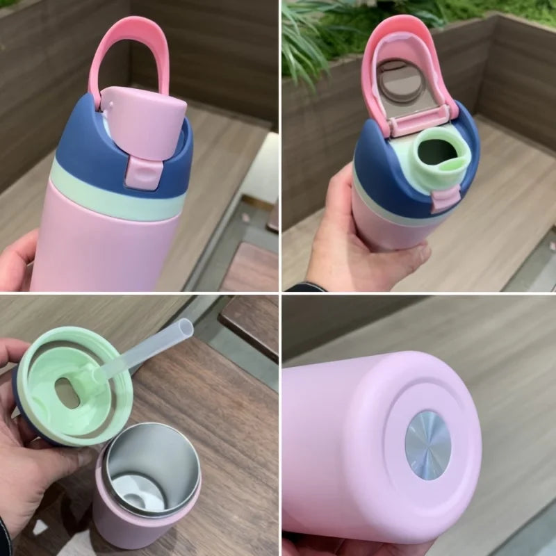 A pink insulated stainless steel thermos mug with a lid and straw is shown in various angles.
