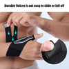 A hand wearing a black velcro wrist brace, demonstrating its secure fit and durability.