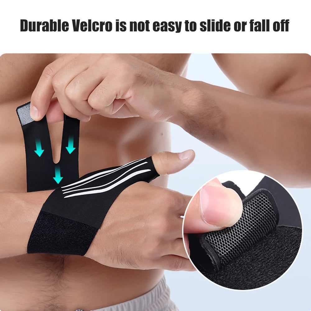 A hand wearing a black velcro wrist brace, demonstrating its secure fit and durability.