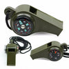 A olive green multi-function survival whistle and tool kit with a circular gauge and a rectangular housing.