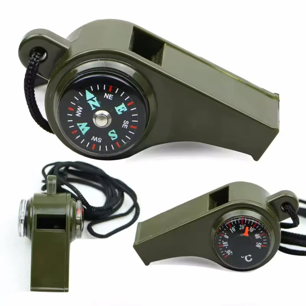 A olive green multi-function survival whistle and tool kit with a circular gauge and a rectangular housing.