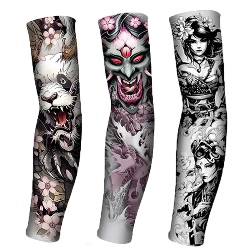 Three designs of ice silk tattoo sleeves featuring fierce and elegant female faces with floral accents.